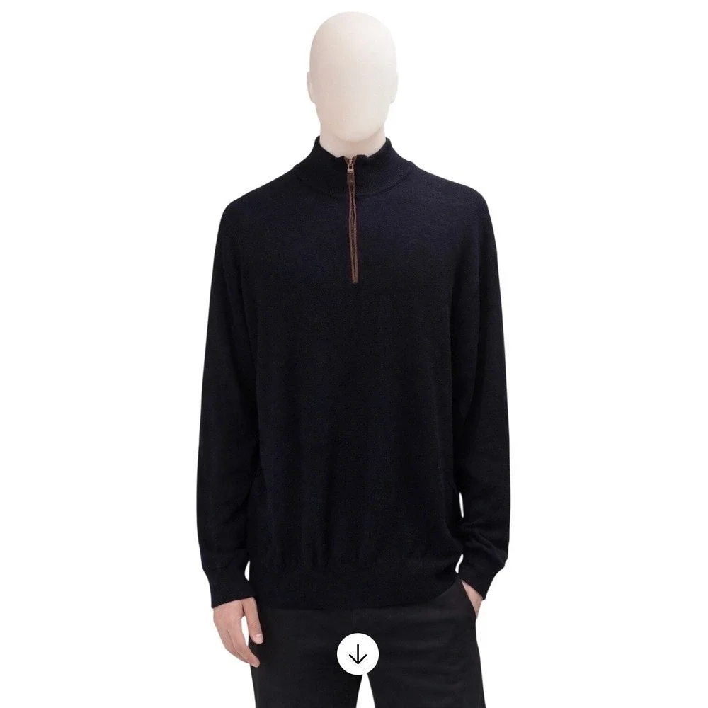 Orvis Mens Navy Blue Quarter Zip Mock Neck Sweater Leather Pull 9G6T Large